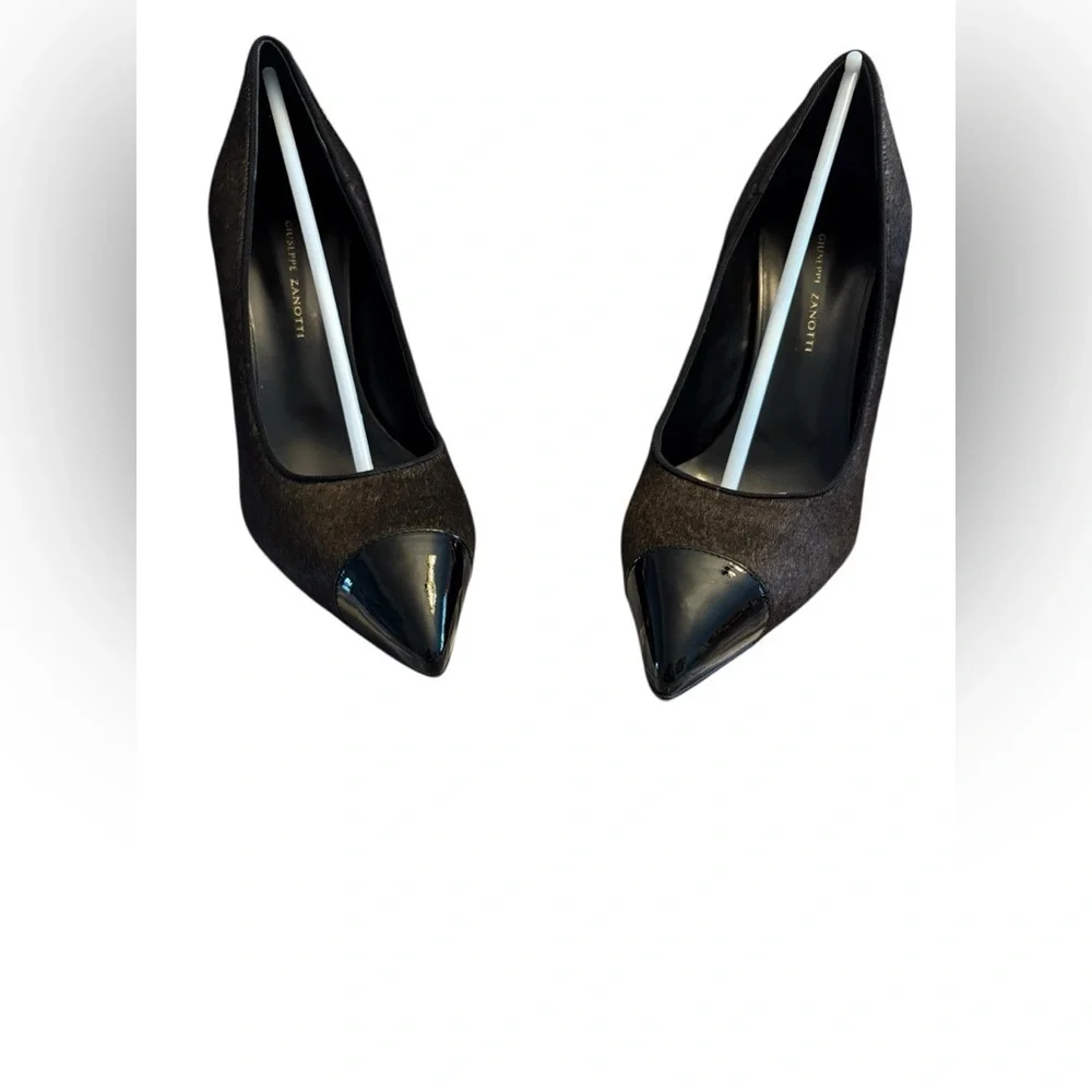Giuseppe Zanotti Black Patent Leather with Brown Calf Hair Heels - Picture 2 of 10